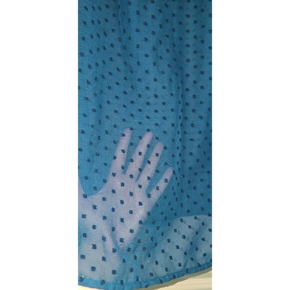 Blue Polka Dot Sheer Blouse With Velvet & Embroidered Floral Accents 3/4 Sleeves - Picture 4 of 6